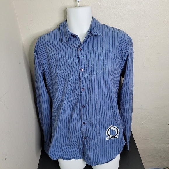 Volcom Mens Button Up Shirt Size Large Blue Striped Cotton Long Sleeve Vintage - Picture 1 of 10